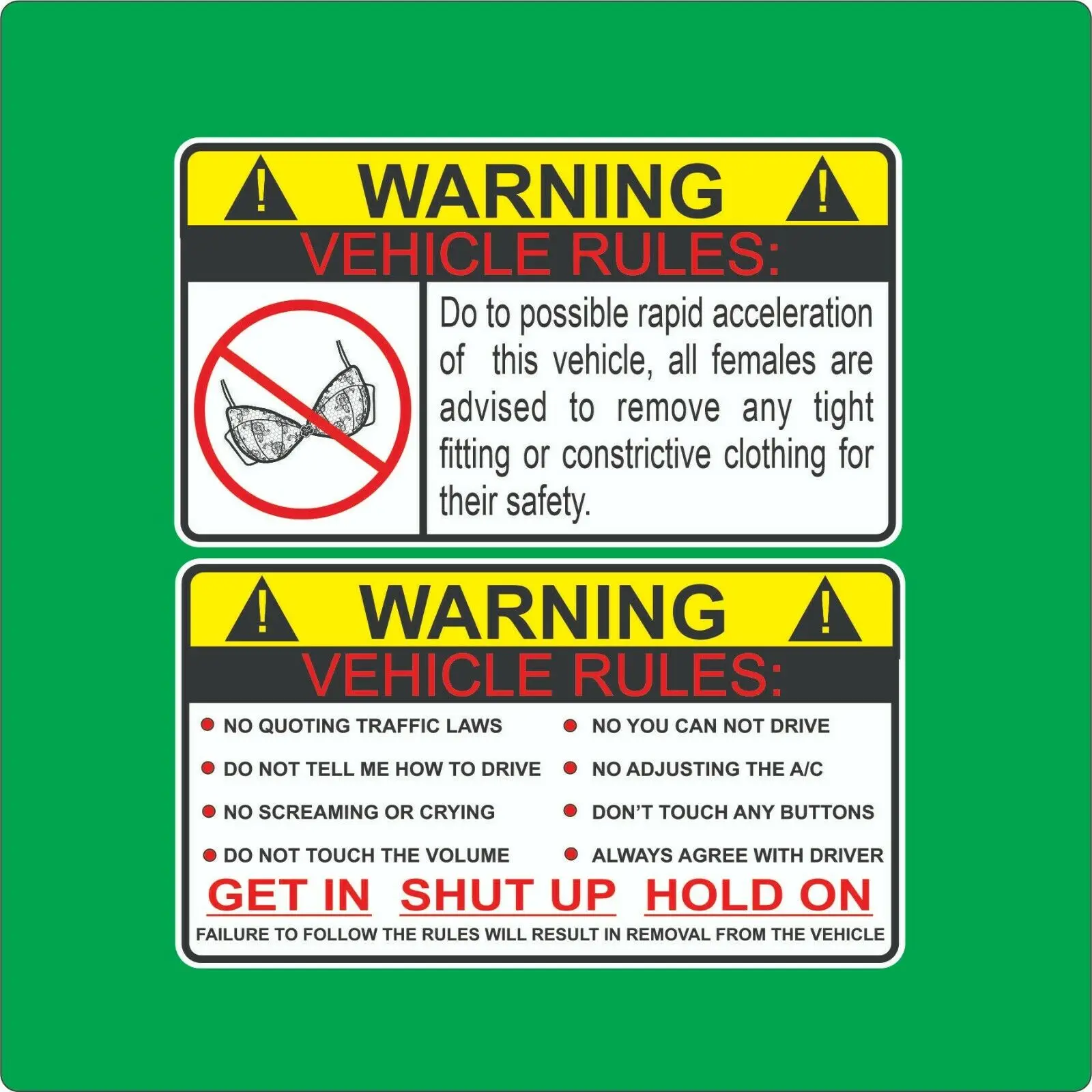 

Warning Decals 2 Vehicle Rules Funny Sticker Car Truck Decal No Bra Warning JDM Auto Fits Honda PVC Vinyl Reflective Stickers