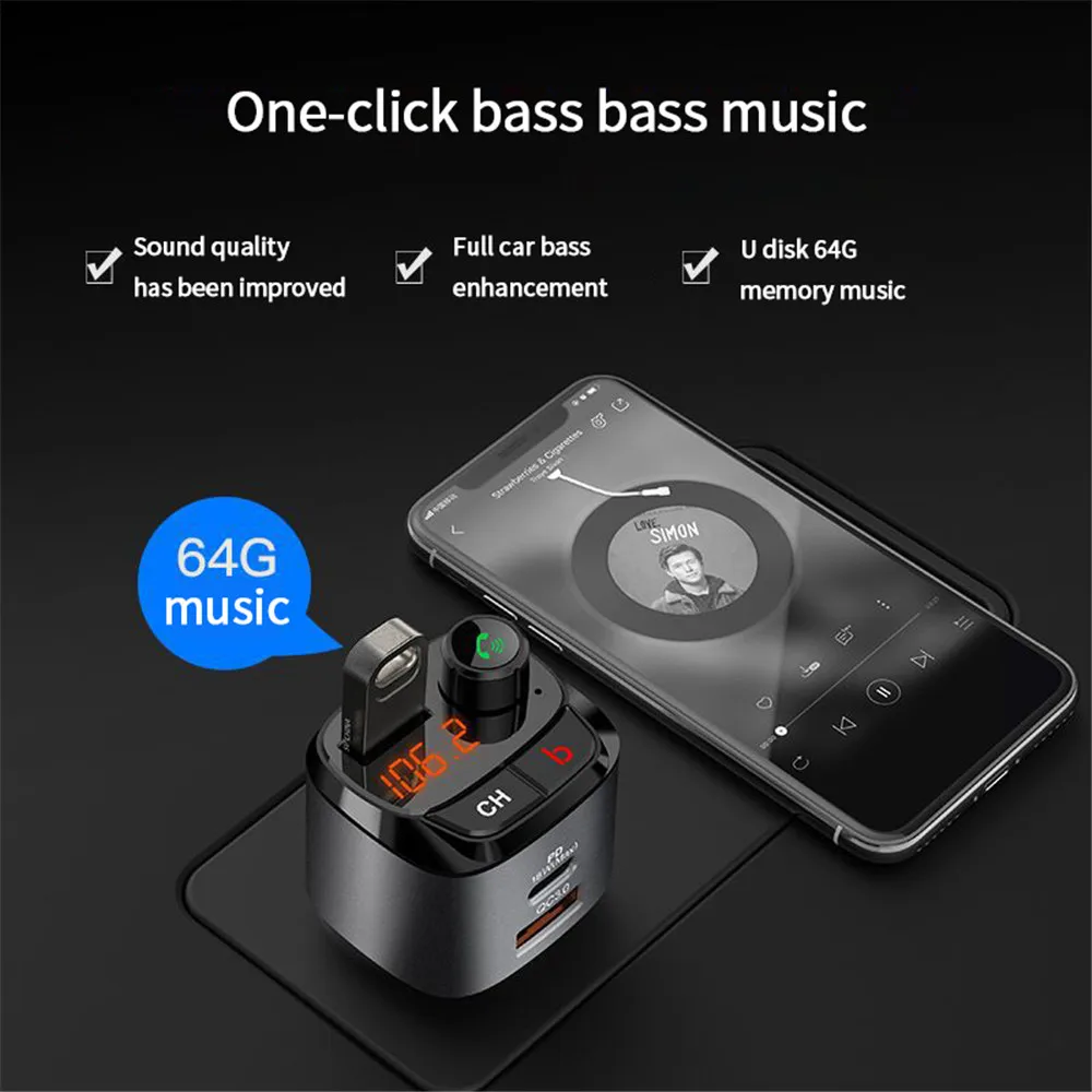 QC3.0 PD 18W Bluetooth 5.0 FM Transmitter Car Player Kit CardDual USB Charger Quick With Digital Voltmeter Type C | Автомобили и