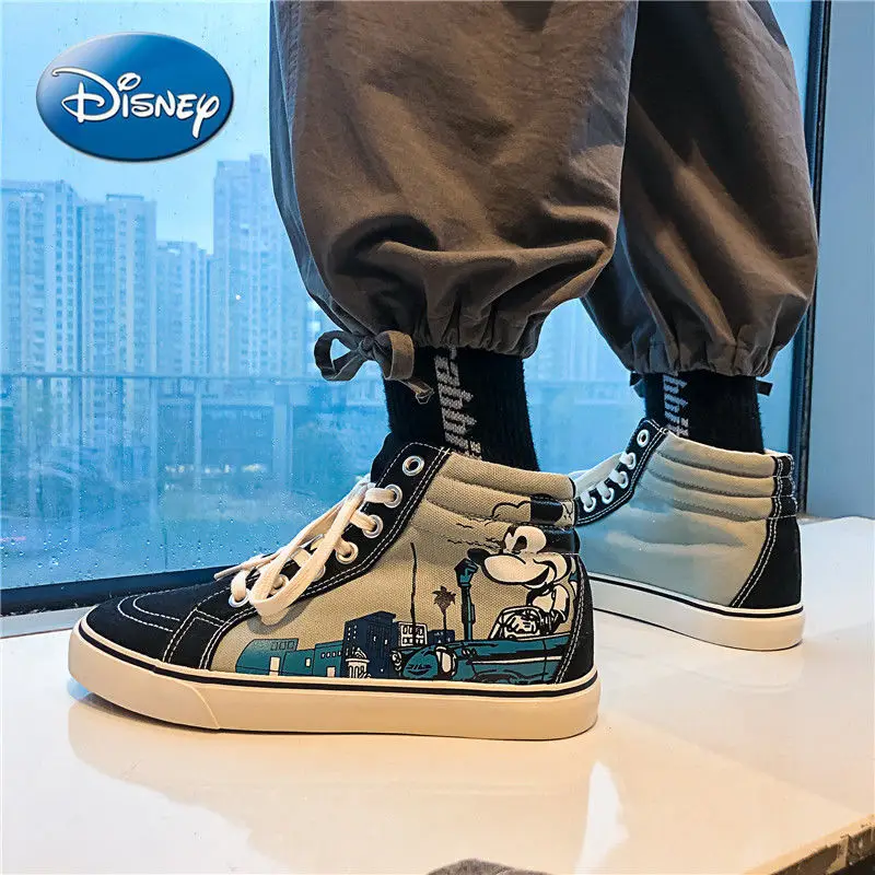 

Туфли холщовые с высоким верхом для мужчин и женщин, Мультяшные ботинки для скейтборда с изображением Микки Мауса, для пар, Размеры 35-44