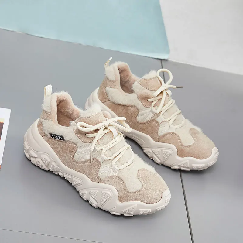 Женские меховые кроссовки теплые зимние для бега спортивная обувь на массивной