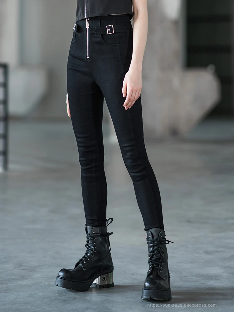 PUNK RAVE Girl's Punk Black Stretch Jeans Skinny Jeans High Waist  Personality Women Pencil Pants  Streetwear