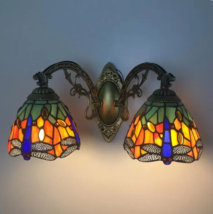 American garden country wall lamp color glass bedside lamp mirror front lamp Dragonfly wall lamp with switch