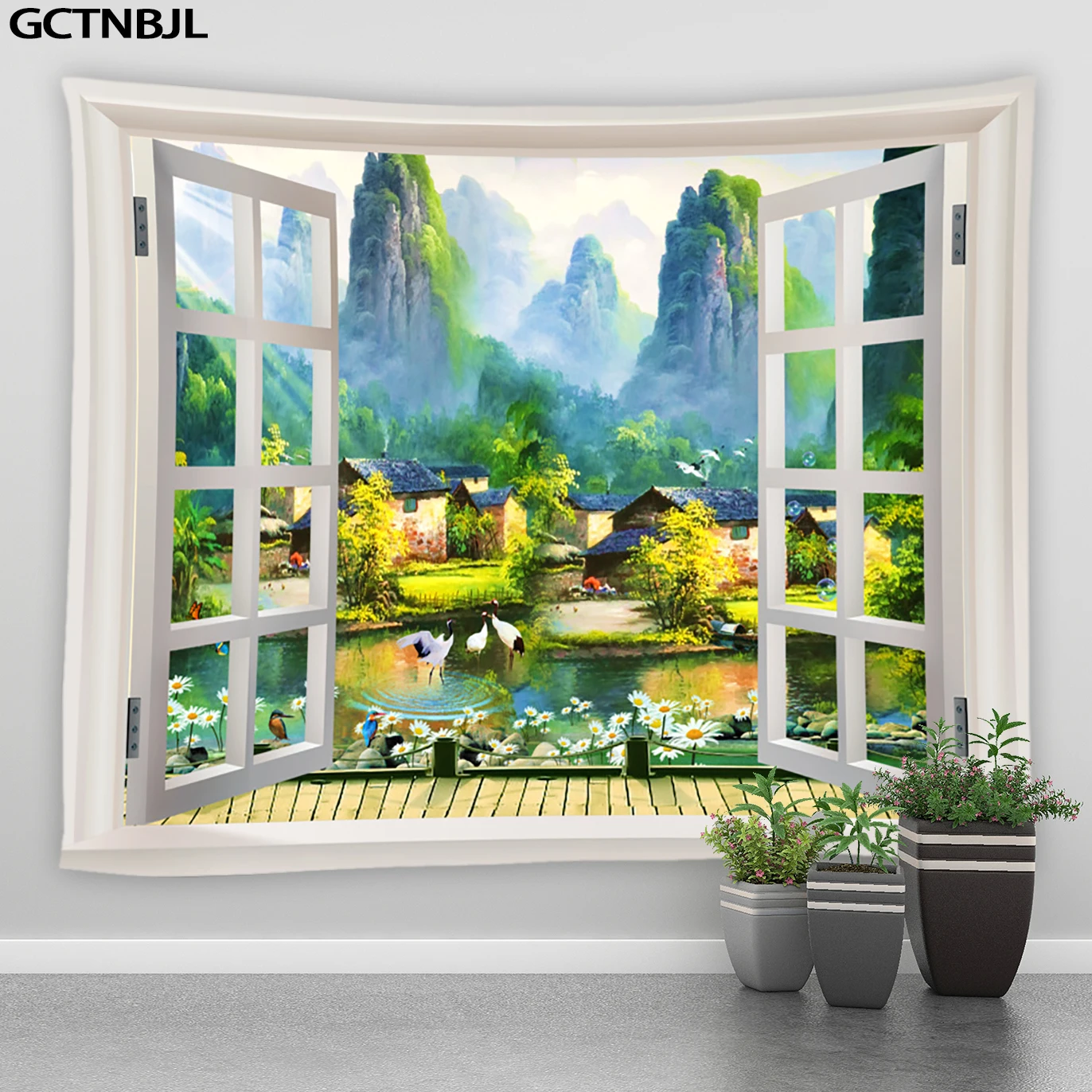 Пейзаж большой гобелен павлины лес в китайском стиле чернильная живопись горы