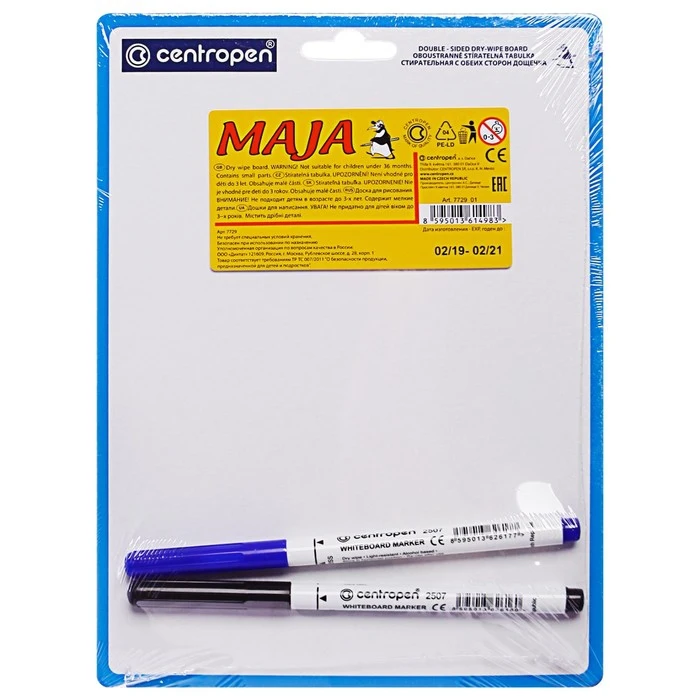 Доска маркерная A5 двухсторонняя Centropen 7729: без рисунка/линейка с маркерами 2 штуки|