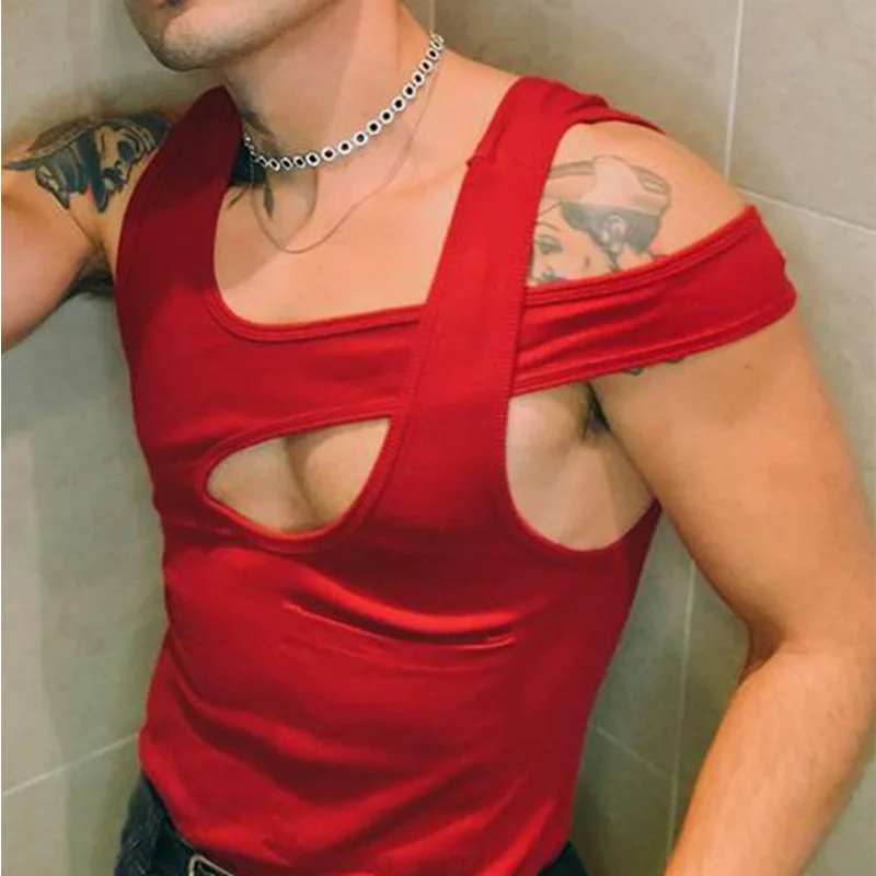 

Men Vest Sleeveless T-shirt Sling Close-fitting Underwear Fashion Sexy Hollow Out Slim Mens Red Tank Tops Gym Clothing Men