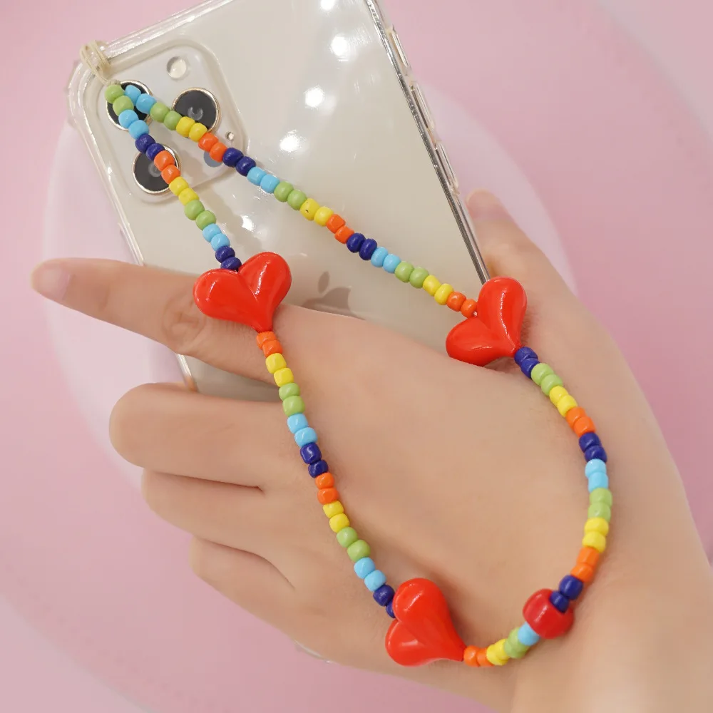 

Personalized Ethnic Style Color Rice Beads Red Heart-Shaped Chain Women's Mobile Phone Decoration Anti-Lost Lanyard Jewelry Gift