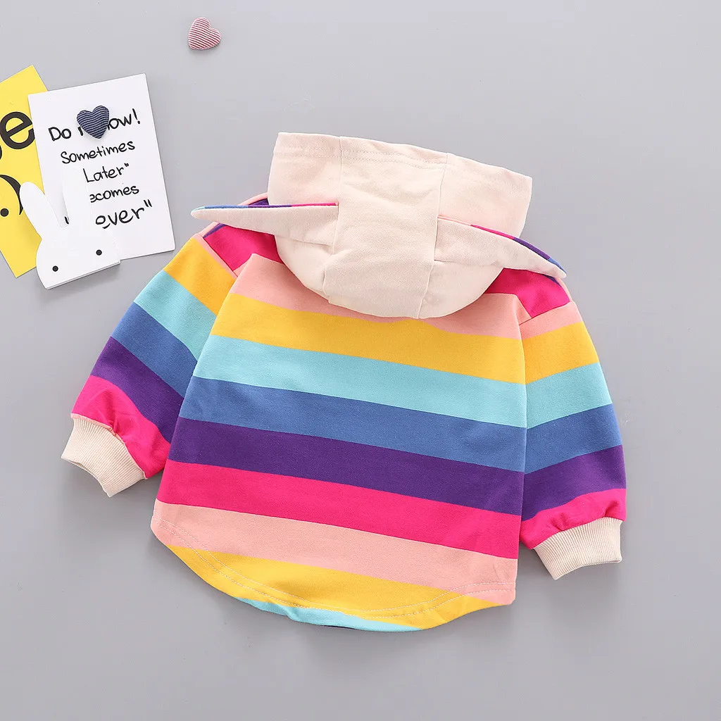 Осенний Детский свитер с капюшоном длинными рукавами и радужными заячьими