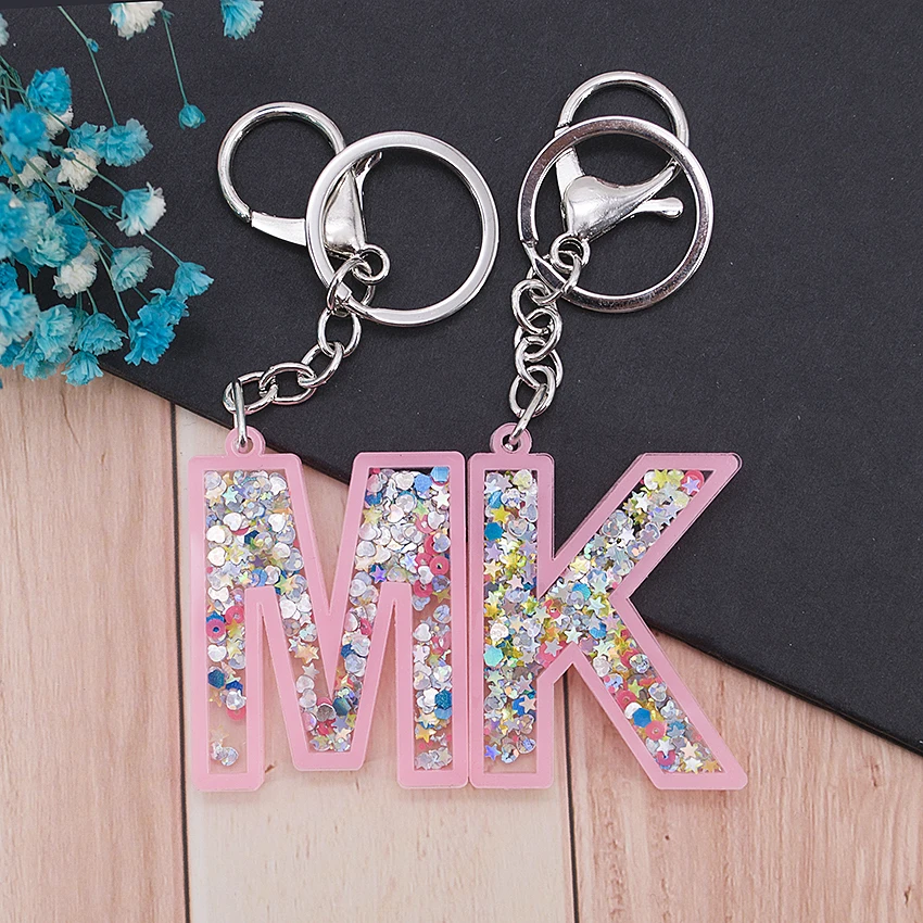 

1PC Women Keychains Glitter Hollowed-Out Words Handbag English Letter Keyring Charms