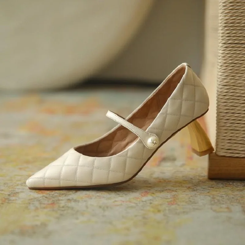 

Beige Genuine Leather High Heels Shoes Women Pointed Toe Elegant Pumps Ladies 2021 Runway Party Dress Shoes Woman Zapatos