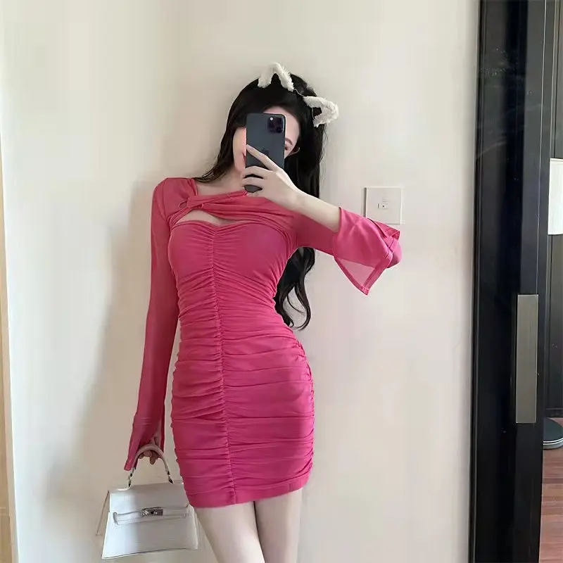 

Real shot 2022 new irregular design sense hollow pleated mesh open sleeve sexy slim hip dress