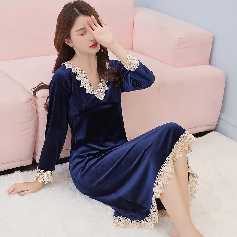 Exquisite V-neck Lace Women Winter Nightgown Nightwear Velvet Keep Warm Sleepwear Nightdress Comfortable Casual Soft Homewear | Женская