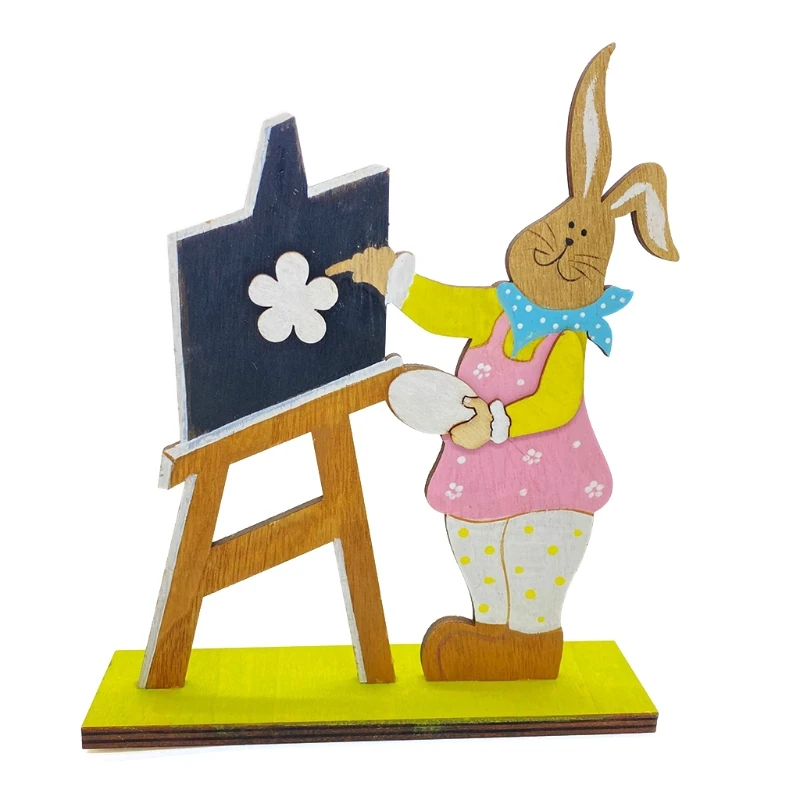 

Wooden Rabbit Bunny Flower Happy Easter Decorations Wedding Party Ornament Craft