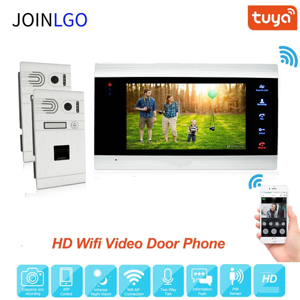 

WIFI 720P HD Video Intercom Door Phone System APP Remote Unlock Motion Detection 7" Record Screen 2 Fingerprint Doorbell Camera