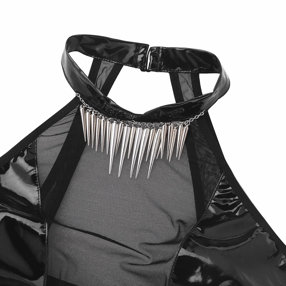 

Womens Bodycon Catsuit Wetlook PU Leather Lingerie Sleeveless Mesh Zipper Crotch Teddy Bodysuit Jumpsuit Clubwear with Necklace