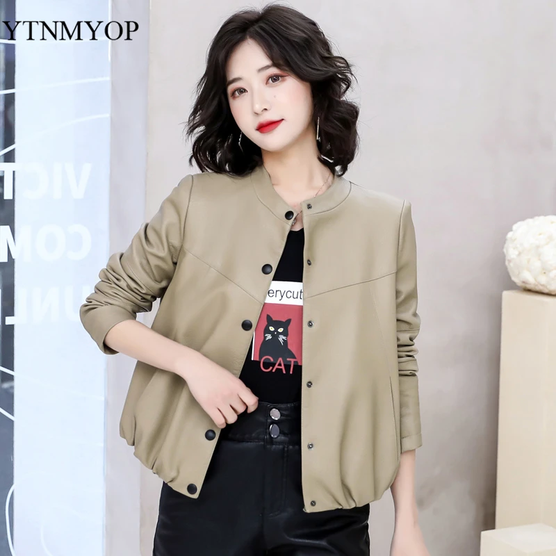 

YTNMYOP O-Neck Jacket Women Khaki Slim Fashion Leather Coat Female High Quality Short Clothing For Spring And Autumn