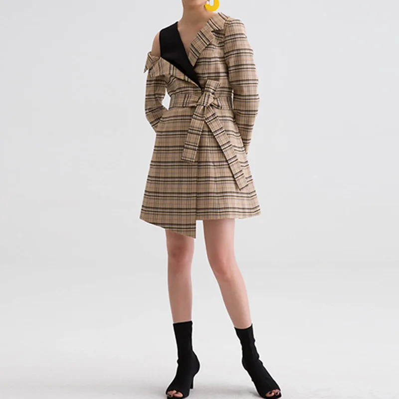 

Женское элегантное платье-Блейзер, Осеннее клетчатое платье с открытыми плечами и отложным воротником, корейское модное платье с длинным р...