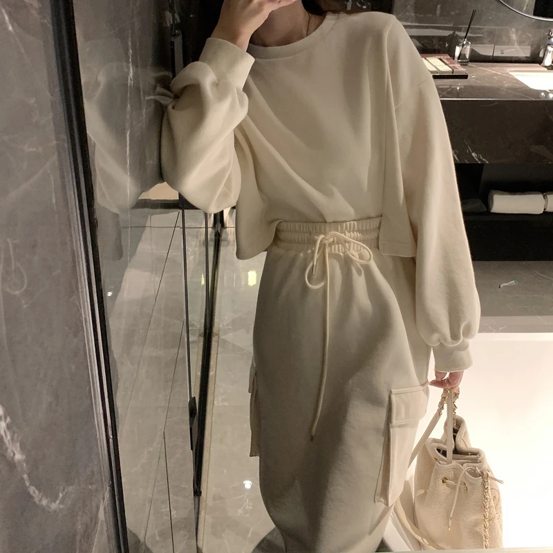 

Womens Tracksuits 2 Piece Set Spring Autumn Sweatshirt + Skirt Sweat Set Two Piece Outfit Solid Color Sets