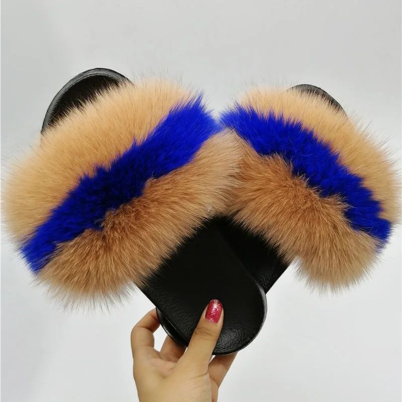 as pic shows 25 Women Fox Fur Slippers Real Fox Fur Slides Lovely Plush Slippers Woman Summer Home Sandals Women Fur Slides Furry Flip Flops Hot - Цвет: as pic shows 25