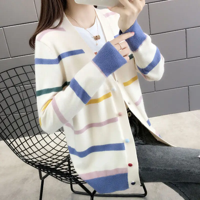 

Женский винтажный кардиган в полоску, трикотажный свитер с V-образным вырезом и длинным рукавом, повседневный Свободный кардиган, весна-лет...