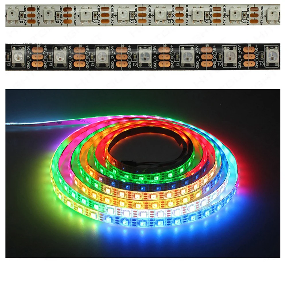 

Светодиодная лента WS2812B WS2812, 5 м, индивидуально Адресуемая умная Светодиодная лента RGB, черная/белая Водонепроницаемая печатная плата IP30/65/67 ...