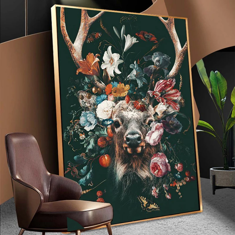 

HD Print on Canvas Wall Prints and Posters Modern Fortune Deer and Flower Art Painting for Living Room Decoration Painting