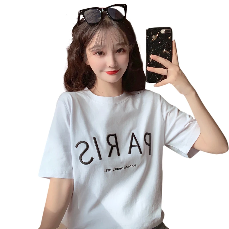 

Large Size Women Short Sleeve T-shirt Summer Harajuku Letter Embroidery Female Tops Round Neck Cotton Tees Loose Bottoming Shirt