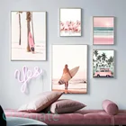 Скандинавская розовая пляжная искусственная пальма, доска для серфинга, настенная Картина на холсте, картина для интерьера, картина, комната для девочек-подростков, домашний декор