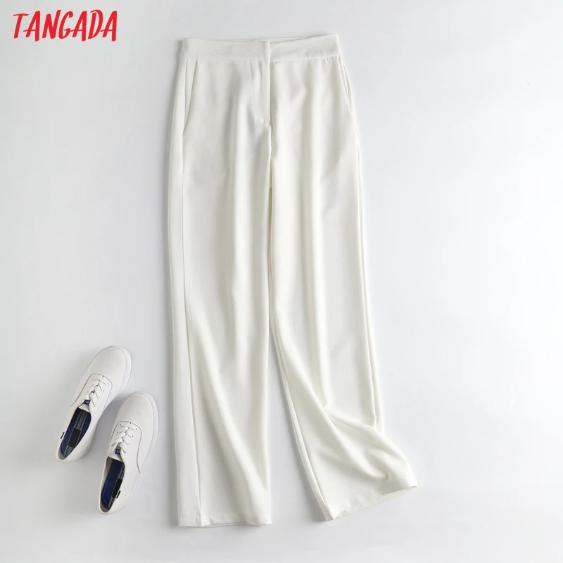 

Tangada Fashion Women High Quality White Long Suit Pants Trousers Pockets Office Lady Pants Pantalon 6D23