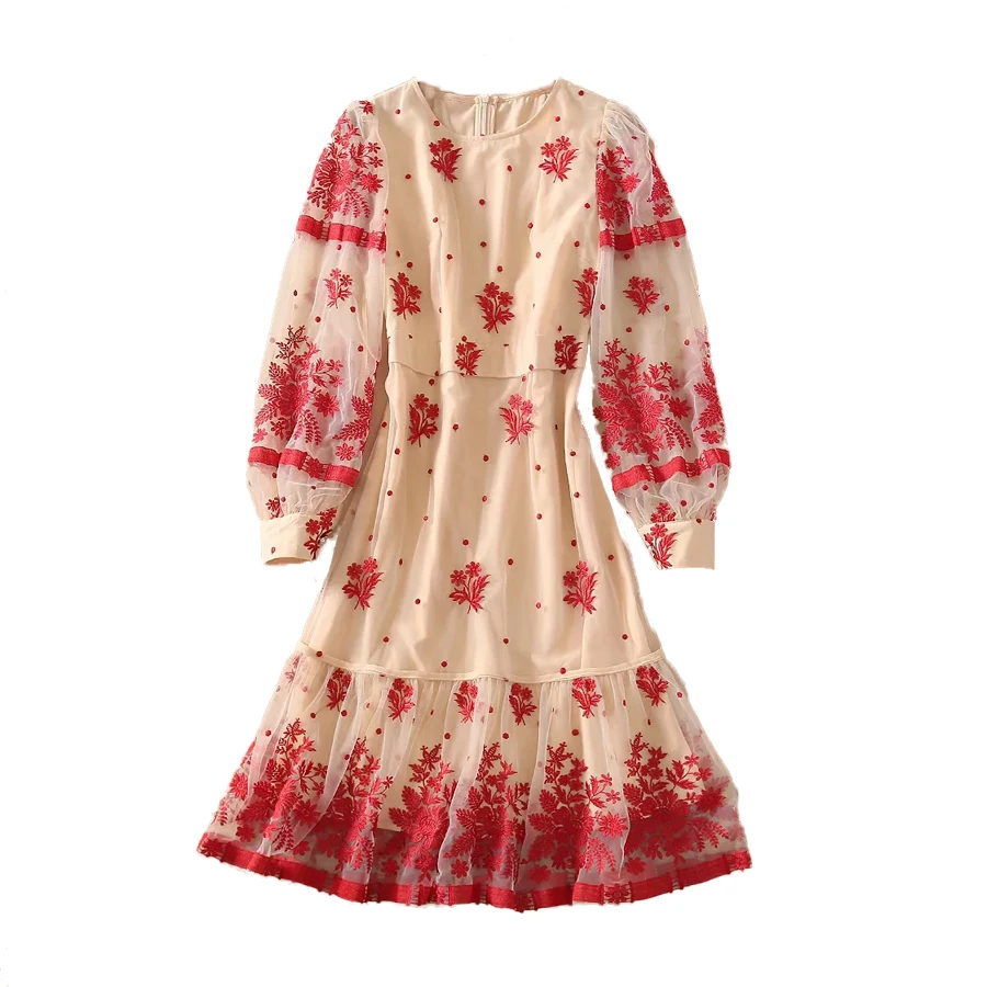 

AELESEEN Runway Fashion Women Dress High Quality Long Lantern Sleeve Flower Embroidery Ruffles Elegant Redl Midi Dress