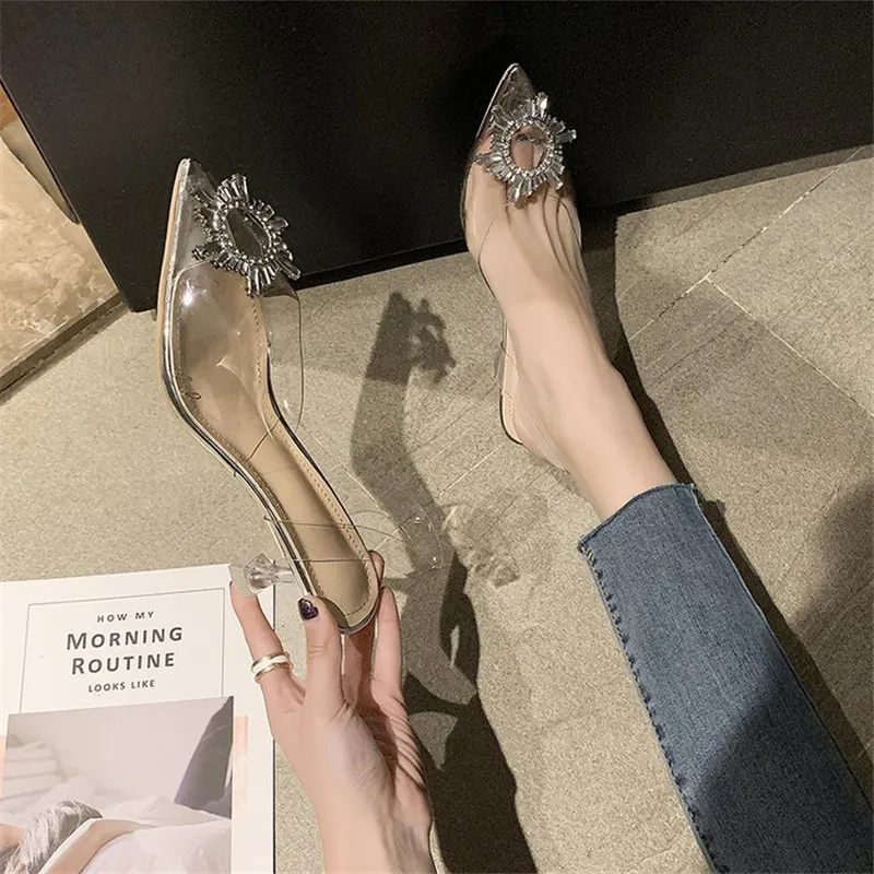 Туфли-лодочки женские прозрачные высокий каблук заостренный носок без застежек