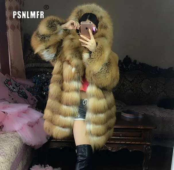Высококачественное пальто с капюшоном из натурального красного лисьего меха