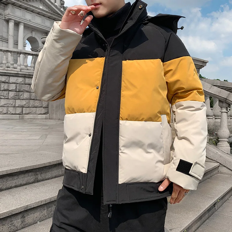 Men's Fashion Color Block Warm Cotton Jacket 2021 Winter Japanese Slim Fit Removable Hooded Cotton Jacket Coats for Men