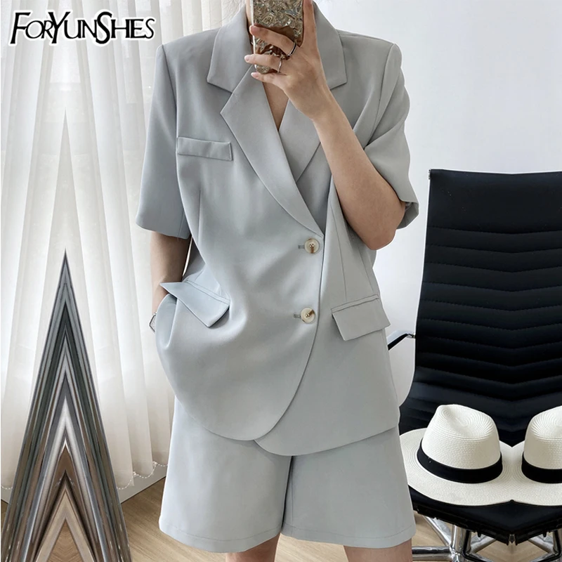 

Women Short Sleeve Blazer Jacket Outfits and Wide Leg Suit Shorts Office Lady Elegant Casual 2 Piece Set 2021 New Summer Fashion