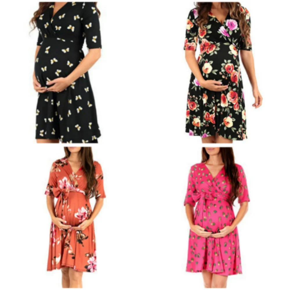 Women High-Low Surplice Wrap With Waist Belt Maternity Dress Adjustable V Neck Nursing Breastfeeding Pregnant Clothes | Мать и ребенок