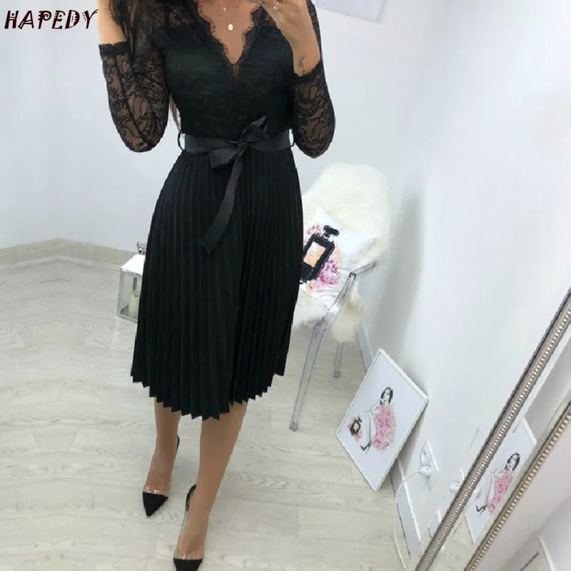 Женское шифоновое платье средней длины повседневное кружевное плиссированное с