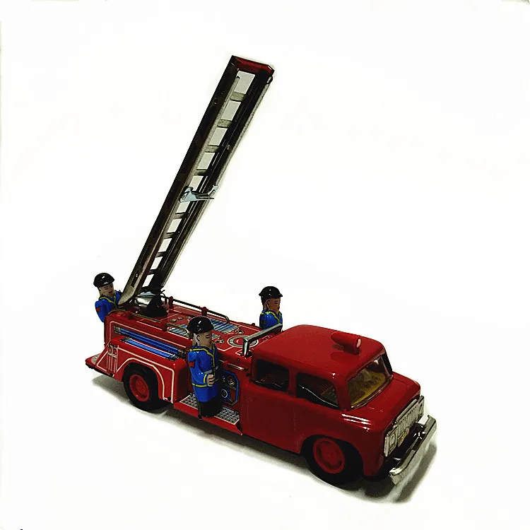 

[Funny] Adult Collection Retro Wind up toy Metal Tin fire fighting truck car firefighters Mechanical toy figures model kids gift