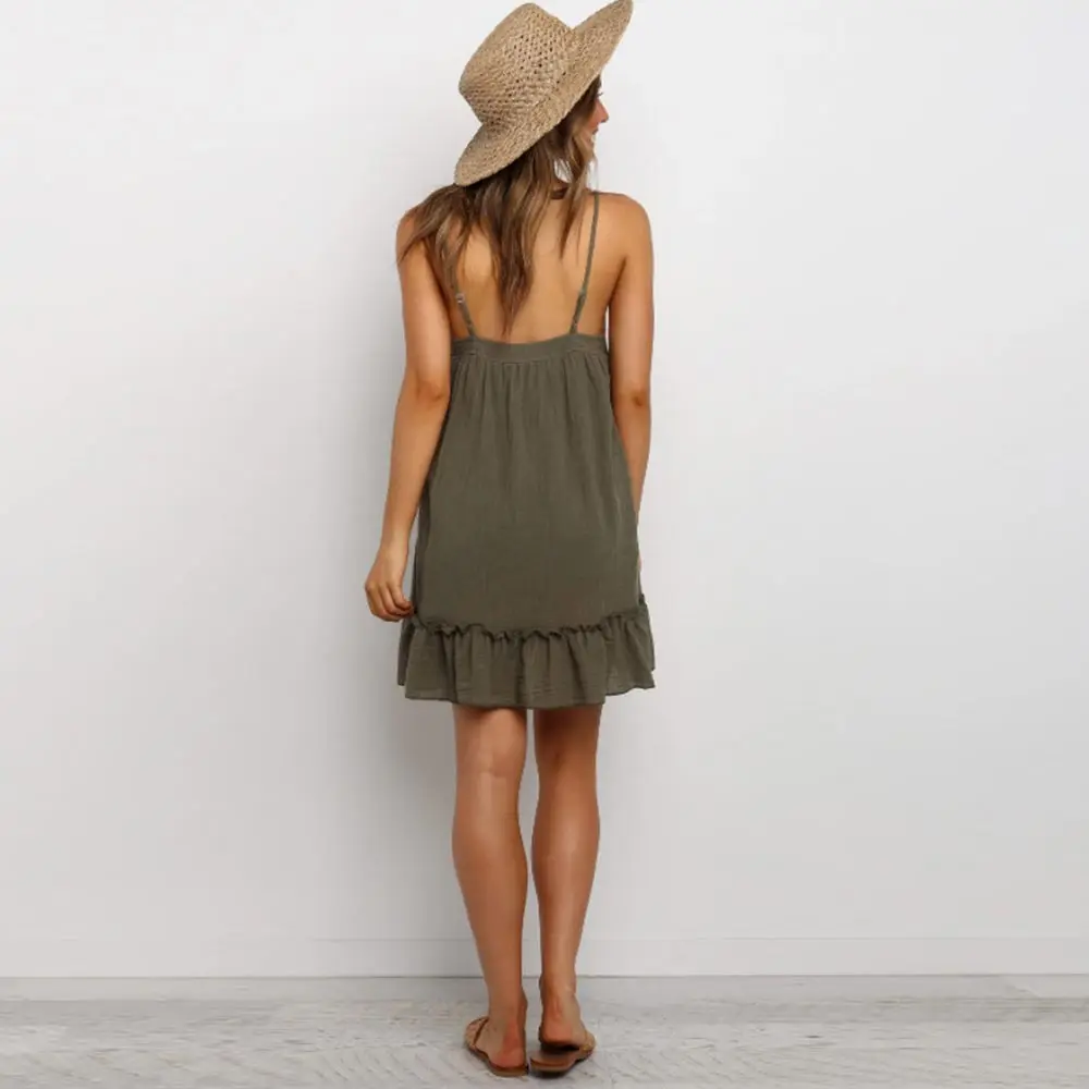 

WildPinky New Fashion Spaghetti Strap V-neck Women Summer Dress 2020 Army Green Ruffles Sexy Sundress Mini Dress Female Vestidos