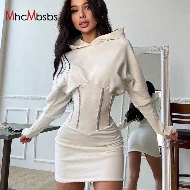 

Vintage Casual Long Sleeve Hooded Mini Dress Women Chic Slim Elegant Bodycon Dresses 2021 Fall Harajuku Outerwear