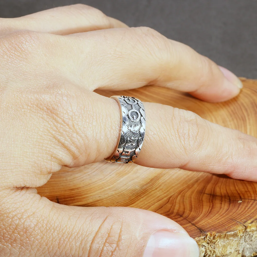 Om мани падме ГУМ кольцо мантра винтажный Тибетский тип 100% Настоящее чистое 925 пробы серебряные ювелирные