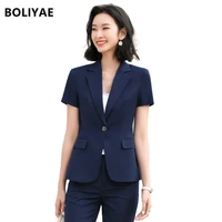 boliyae womens summer suits with skirt 2 piece set slim short sleeve blazer and pants office female formal work clothes trf