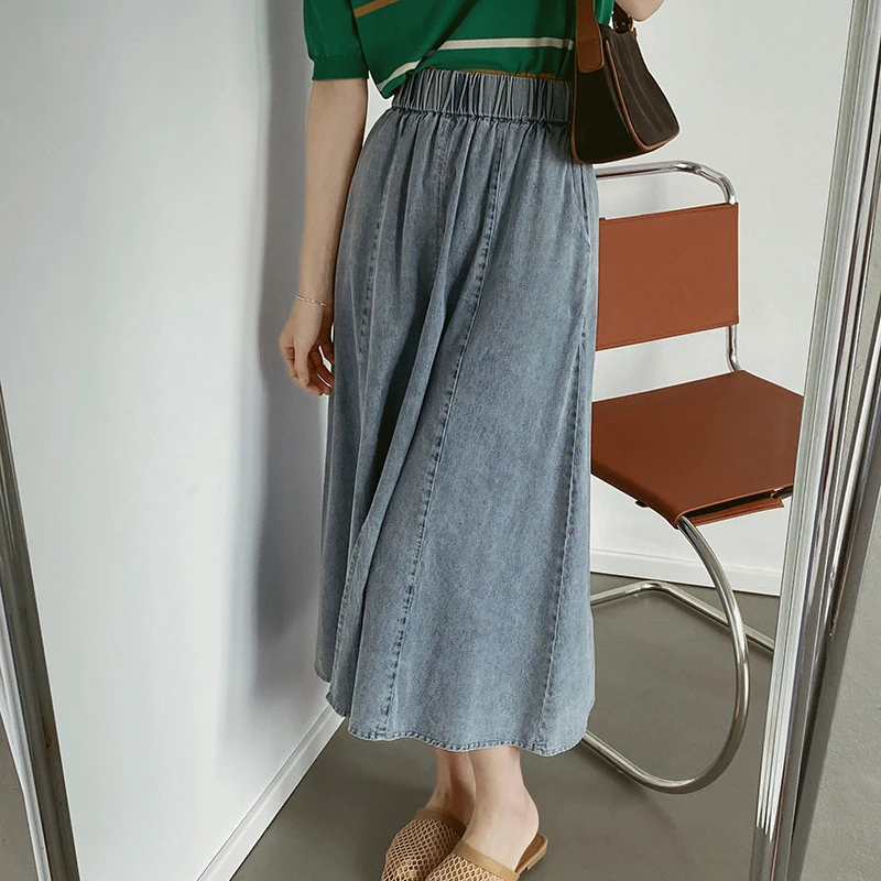 

SHENGPALAE Personality High Elastic Waist Skirt Women's Summer 2021 New Solid Color Split Mid-calf Denim Skirt Female Tide 5E578
