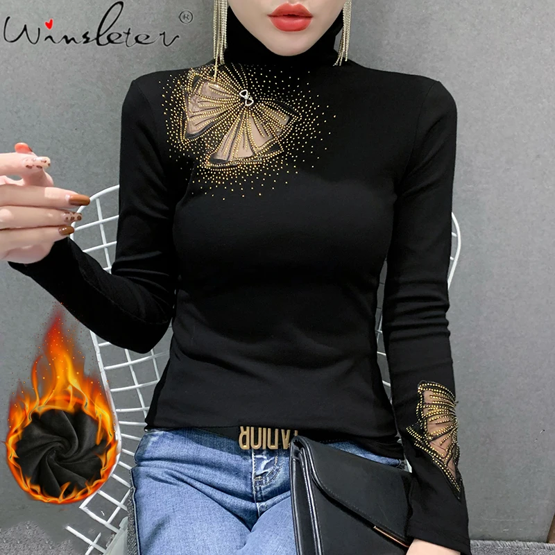 

Fall Winter European Style T-Shirt Sexy Chic Patchwork Transparent Shiny Dimonds Women Tops With Fleece Cotton New Tees T1D406A