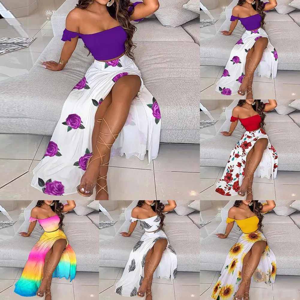 

Elegant Floral Dress Women Vintage Two-piece set of Temperament Dropped Top High Skirt Frill Slit Shoulder Party Dress Set I6V6