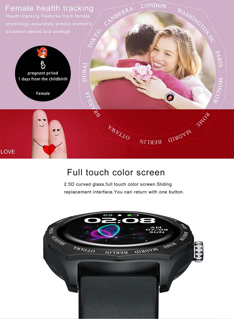 ELFTEAR V18 Смарт-часы для женщин Полный Круглый сенсорный экран леди Smartwatch изменение цвета ремешок мониторинг сердечного ритма для Apple Watch