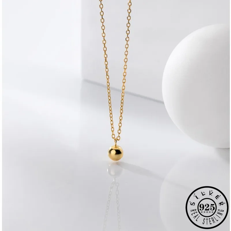 

925 стерлингового серебра 5 мм, одноцветная, круглый шар Форма кулон ожерелье Мода Золото Цвет позолоченные цепи вечерние ожерелья для женщин...