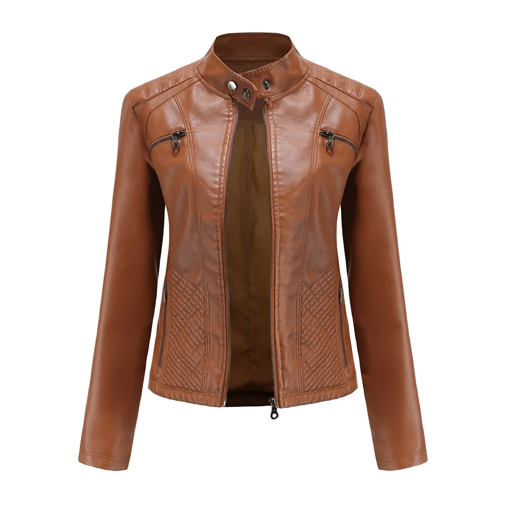 2021 New Women's Casual Leather Jacket Stand-collar Jacket Slim Jacket Spring Autumn Solid Color Women's Faux Leather Jacket