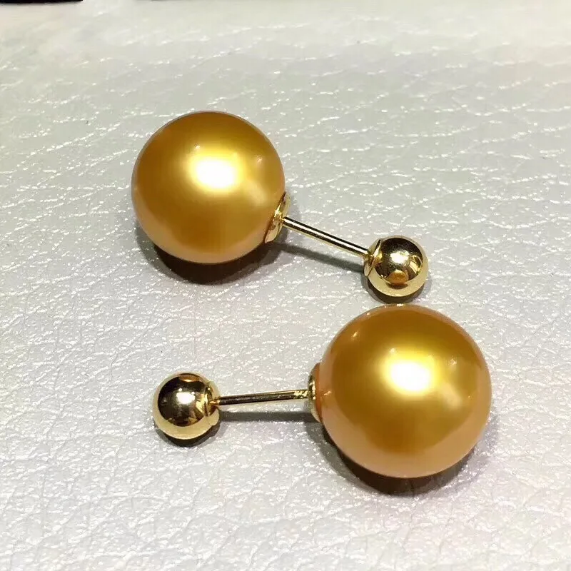 Женские жемчужные серьги круглые с натуральным пресноводным золотом 18 К 10-11 мм 922
