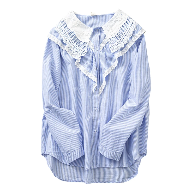 

Lamtrip Unique Striped V-Shape Ruffles Long Sleeve Lace Peter Pan Collar Shirt Blouse 2021 Spring