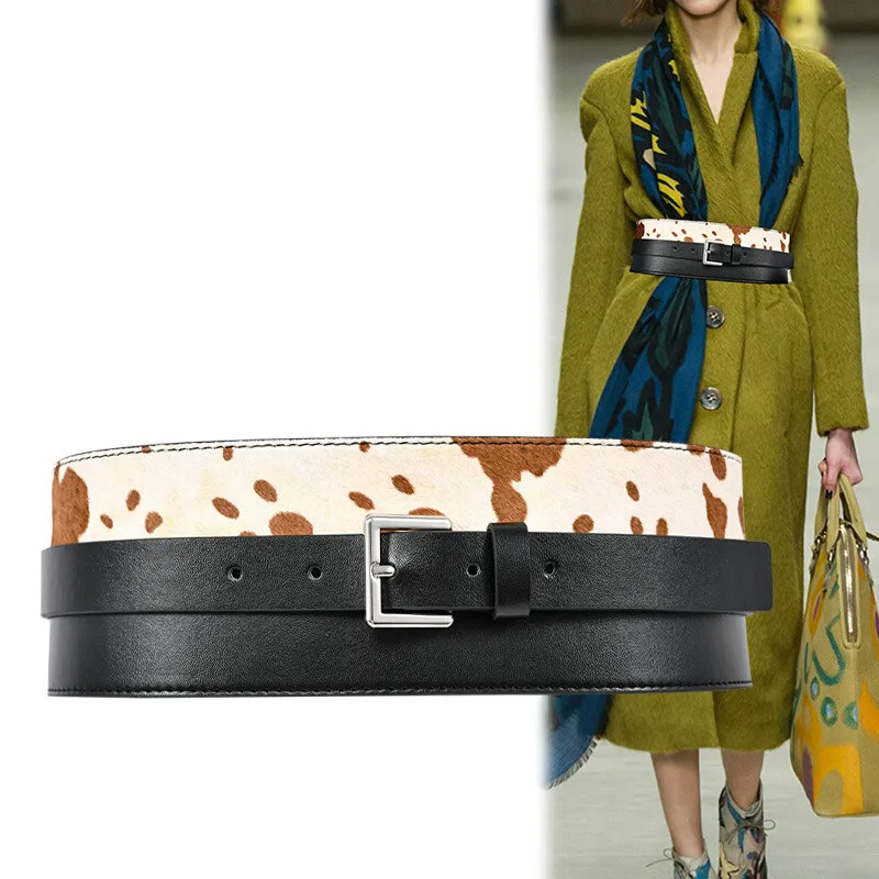 H3500 женский широкий пояс из конского меха с леопардовым принтом натуральной кожи