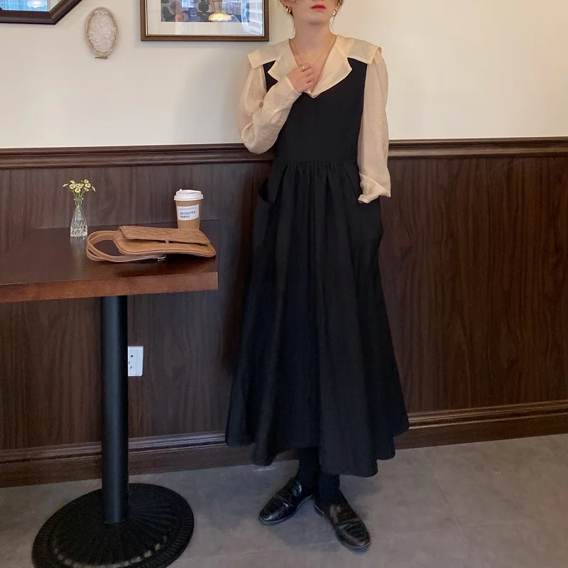 Женские весенние винтажные французские длинные платья с отложным воротником